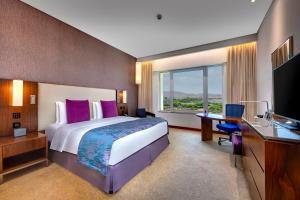 马斯喀特马斯喀特OCEC皇冠假日酒店的酒店客房设有一张大床和一台电视。