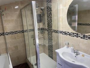 伦敦Rahal Compton的带淋浴、盥洗盆和镜子的浴室