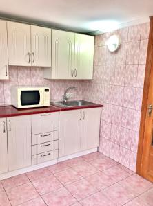 切尔诺夫策Квартира的厨房配有白色橱柜、水槽和微波炉
