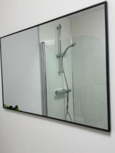 伯明翰Private En-suite的浴室内设有淋浴的镜子