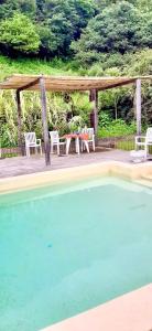 圣萨尔瓦多德朱Espectacular Casona en San Pablo的一个带桌椅和野餐桌的游泳池