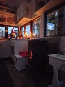 Certeju de SusTheea's tiny house的一间位于客房中间的带炉灶的厨房