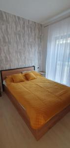 索斯诺夫卡Apartamenty w Sercu Sosnówki的一间卧室配有一张带黄色床单的大床