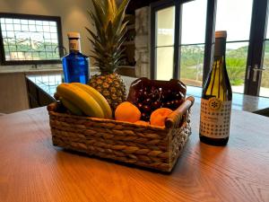 赫罗纳Luxury Villa Girona Bellissimo的桌上一篮水果和一瓶葡萄酒