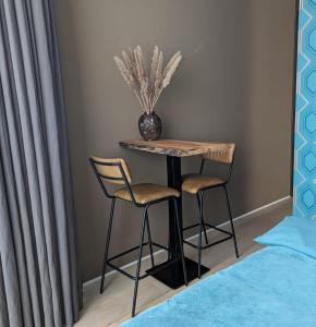 博克斯特尔Bed & Wellness Boxtel, luxe kamer met airco en eigen badkamer, ligbad的一张带两把椅子的小桌子和花瓶