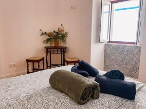阿尔布费拉Old Fisherman's Corner 12 - Centro Old Town Albufeira的一间卧室配有一张带蓝色枕头的床。