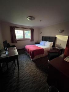 邓巴顿OYO Lochway Hotel的配有一张床和一张书桌的酒店客房