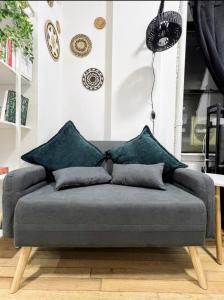 纽约Studio in Union Square的客厅配有带枕头的沙发。