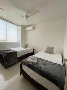 卡塔赫纳Cartagena Seaview Elegance的一间卧室设有两张床和窗户。