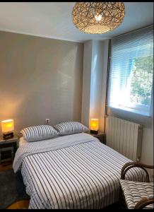 HreljinHouse Marante Rijeka Krk Crikvenica的一间卧室设有两张床、一个窗户和一个吊灯。