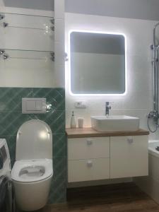 卡拉甘达ЖК Новый Степной的一间带卫生间、水槽和镜子的浴室