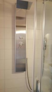 费尔贝特Hotel Bergische Schweiz的浴室里设有玻璃门淋浴