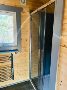 托伯莫里Hidden Hut - Aros View - Tobermory的窗户客房内的玻璃淋浴间