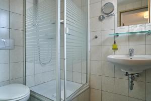 金茨堡罗马酒店的带淋浴、卫生间和盥洗盆的浴室