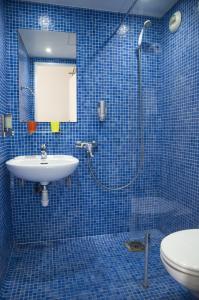 巴黎太阳酒店的蓝色瓷砖浴室配有淋浴和盥洗盆