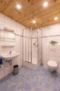 贝希特斯加登Haus Vogl的带淋浴、卫生间和盥洗盆的浴室