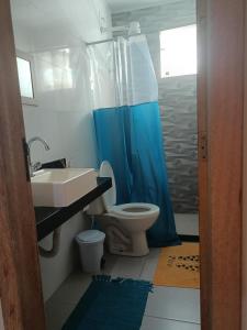 维多利亚Apartamento para temporada的浴室设有卫生间和蓝色的浴帘。