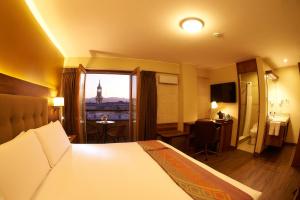 阿雷基帕ARIQUEPAY HOTEL的酒店客房享有城市美景,配有一张床。