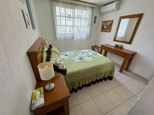 阿卡普尔科Acapulco diamante departamento con playa ecológico的一间卧室配有一张床、一张桌子和一面镜子
