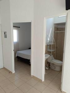 圣安娜Mini casa Ecoterra Santa Ana的一间卧室设有一张床、一个卫生间和一个水槽