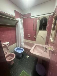 萨尔塔Hostal Vicente的粉红色的浴室设有卫生间和水槽