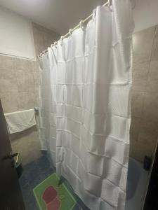 萨尔塔Hostal Vicente的浴室内白色的浴帘