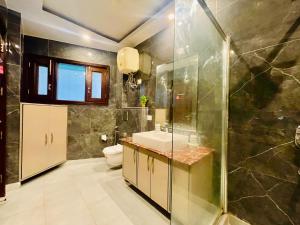 新德里BedChambers Serviced Apartments South Extension的一间带水槽、淋浴和卫生间的浴室