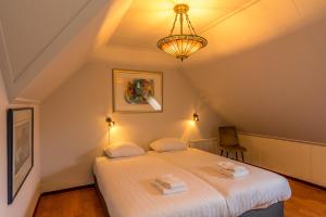 OosterendBoerderijwoning De Florijn的一间卧室配有一张床和一个吊灯