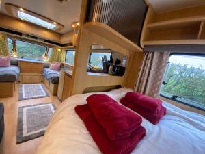 Hulme EndCosy Caravan on Luxury Campsite的一张大床,有红色枕头