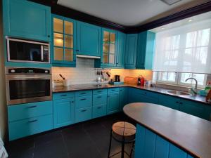 霍尔斯贝克The Horst cottage的蓝色的厨房,配有蓝色的橱柜和一张桌子