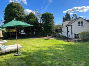 BredonLuxury Cottage with Garden的坐在房子院子中的一把绿伞