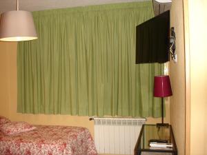 马德里Hostal Puerta Bonita Vista Alegre的一间卧室配有床和绿帘