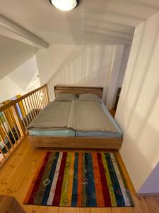 姆拉代布基Apartmán - Dovolená Mladé Buky的卧室配有一张带色彩缤纷地毯的床。