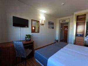 格拉纳达萨亚鲁酒店的酒店客房配有一张床、一张书桌和一台电视。