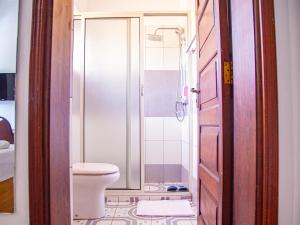 坎帕拉Explorers Hub的一间带卫生间和淋浴的浴室