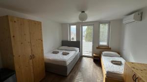 勒什Vila Eva Lesce - Bled的一间卧室设有两张床和两个窗户。