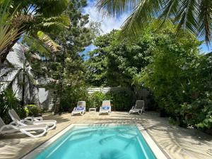 特鲁欧克比赫斯Lush Garden Villa with private pool的一个带躺椅的游泳池,并种植了棕榈树