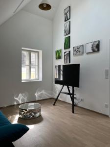 梅尔克Haus Fünf mit 2 Apartments und Studio-Loft mit Terrasse的客厅配有钢琴和碗