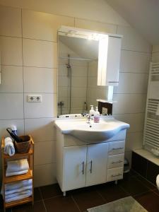 凯撒斯劳滕Ferienwohnung am Waldpfad的浴室设有白色水槽和镜子