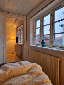 阿灵厄Rummeligt byhus i Allinge med værelse i stueplan og havkig的一间卧室设有一张床和两个窗户。