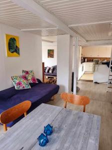 阿灵厄Rummeligt byhus i Allinge med værelse i stueplan og havkig的客厅配有沙发和桌子