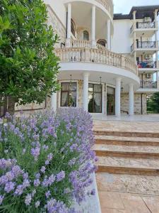圣弗拉斯Апартамент VIP комплекс ARTUR的带阳台和紫色花卉的建筑