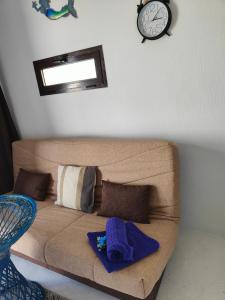 塞博河畔卡莱塔Loft la Caletilla的一张带枕头的棕色沙发以及墙上的时钟