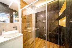 扎科帕内Apartament Kamieniec的一间带水槽和玻璃淋浴的浴室