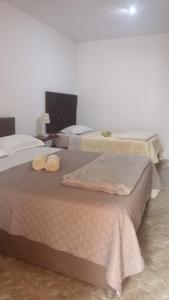 伊察Huacachina Desert House的一间卧室配有两张带毛巾的床