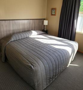 SpringfieldSmylies Accommodation的一间卧室配有一张带蓝色毯子的大床