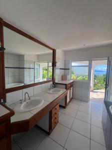 乌图罗阿Te Tai Marama的一间带两个盥洗盆和大镜子的浴室