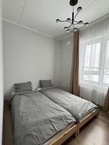 DreiliņiModern 4-Room compact flat with parking in Riga的一间卧室配有一张带吊灯的大床