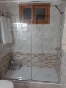 蓬塔穆赫雷斯Casa Los Jameos的浴室里设有玻璃门淋浴