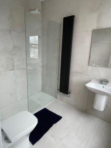 伯肯黑德Rock Lane Rooms的带淋浴、卫生间和盥洗盆的浴室